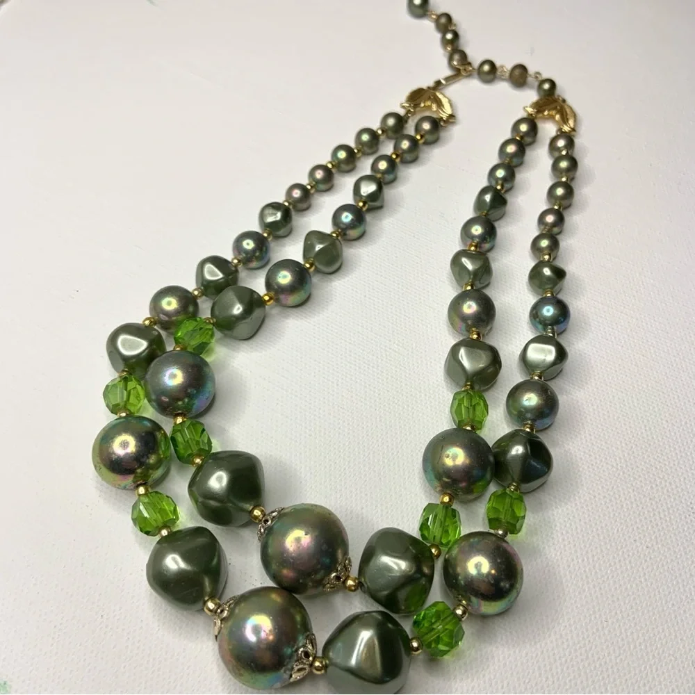 Vintage Japanese Double Strand Chunky Green and Gold Large Beaded Necklace - Picture 2 of 9